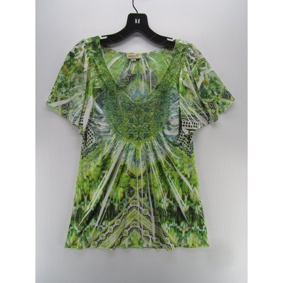 One World Blouse XS Pullover Top Floral Beaded Crochet Pleated Boho - Picture 1 of 10